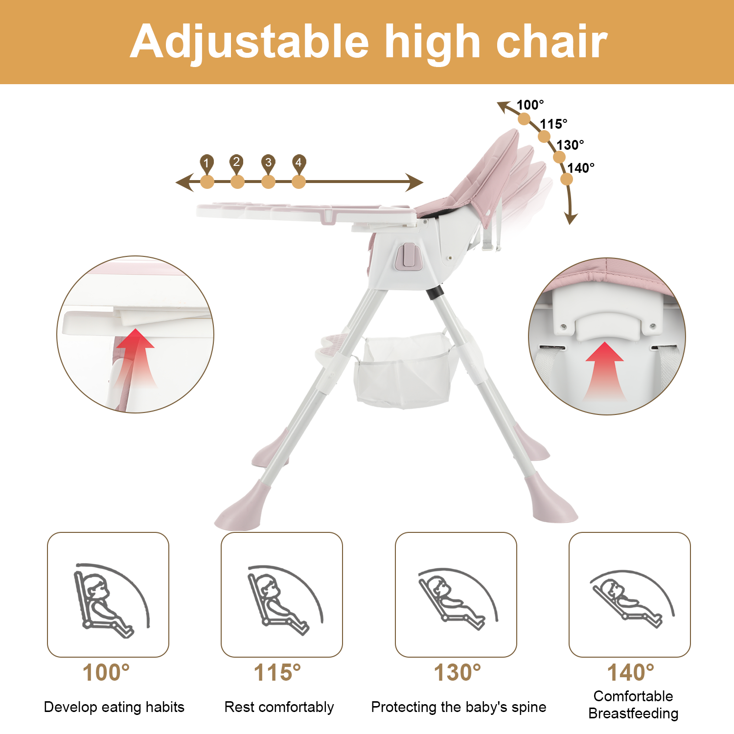 Foldable Baby High Chair Feeding Chair With Recline Backrest Detachable Trays - Picture 9 of 23