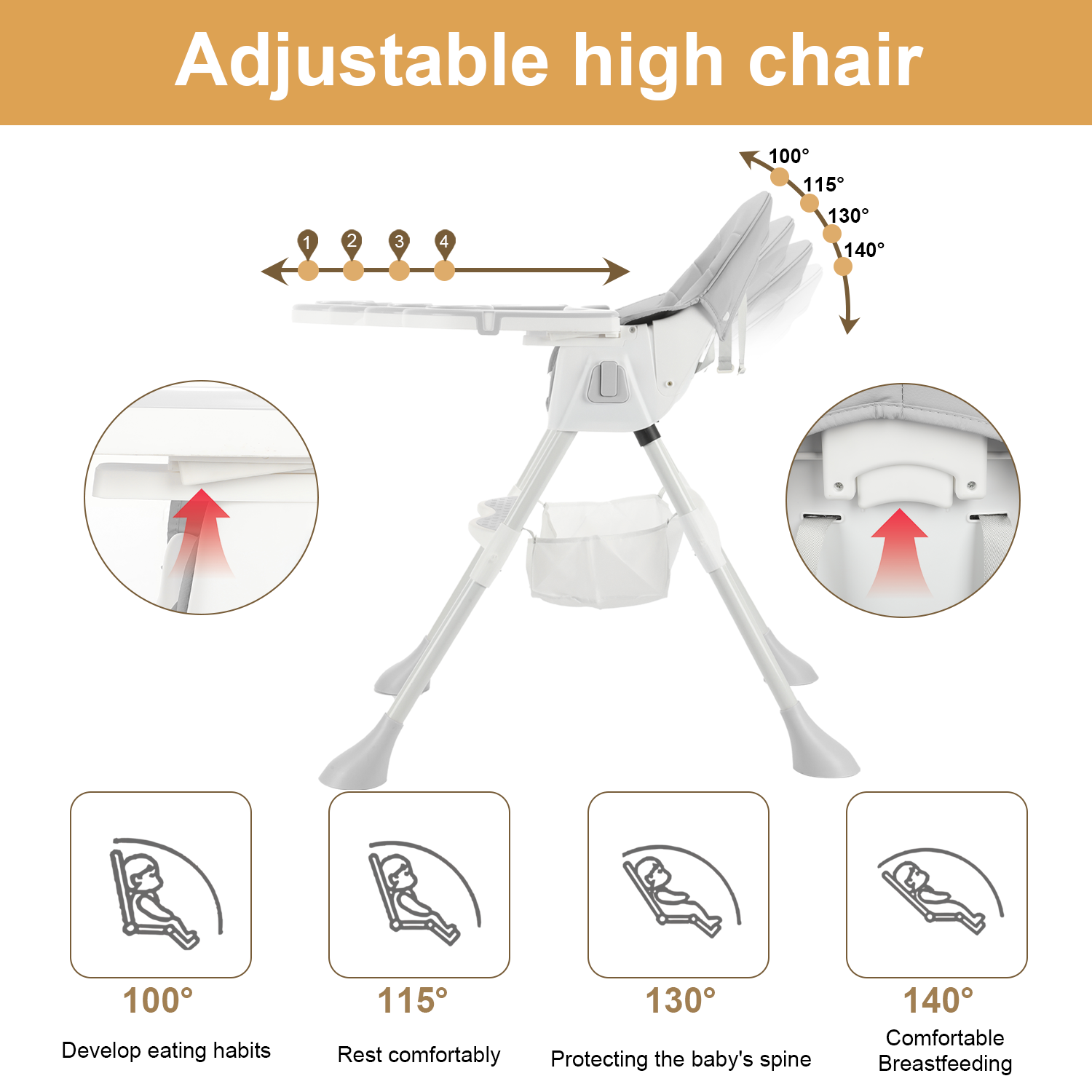 Foldable Baby High Chair Feeding Chair With Recline Backrest Detachable Trays - Picture 20 of 23