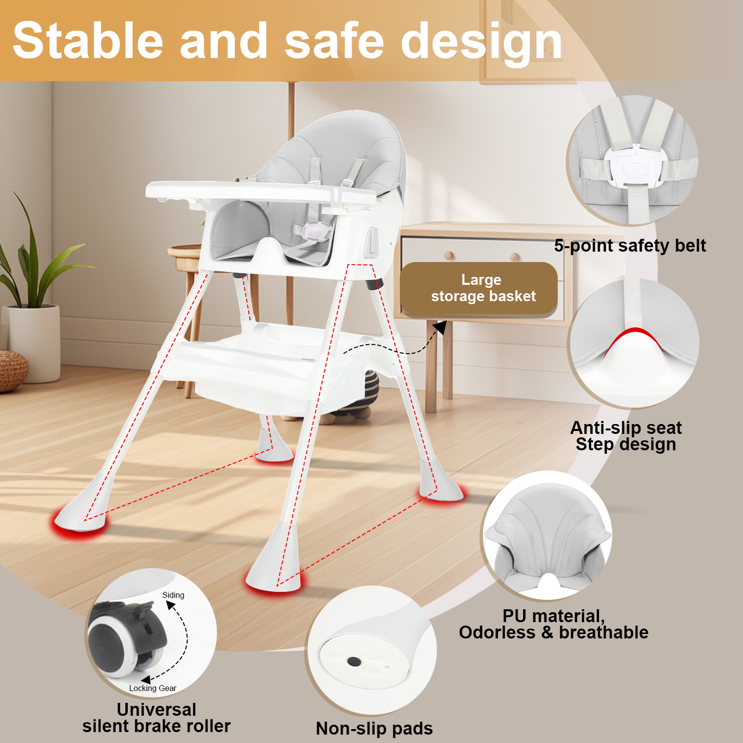 Foldable Baby High Chair Feeding Chair With Recline Backrest Detachable Trays - Picture 17 of 23