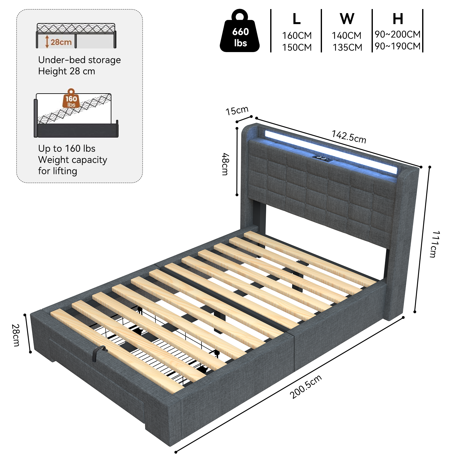 NEW OTTOMAN STORAGE UPHOLSTERED BED FRAME WITH SOCKET & LED LIGHT & DRAWER 3-5FT