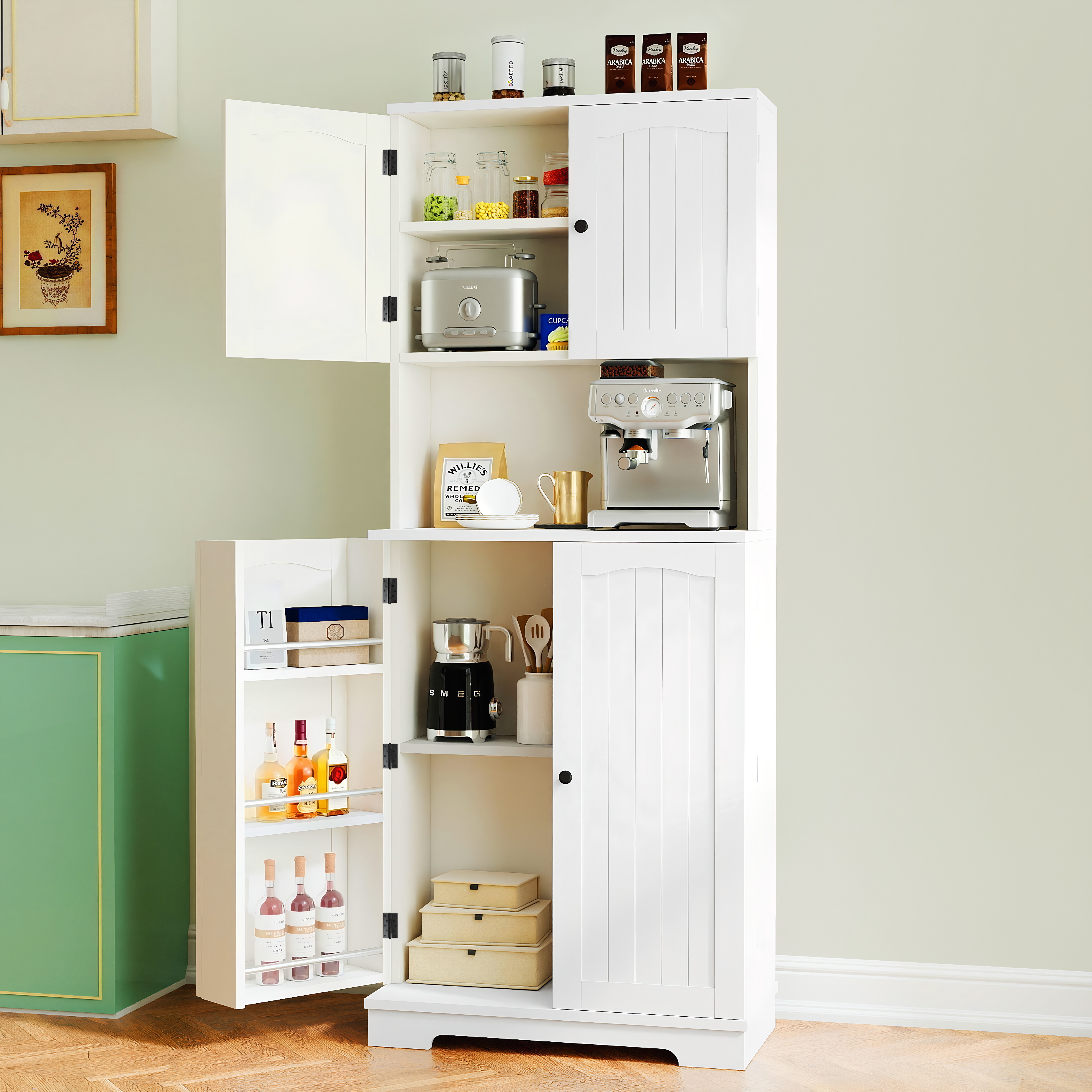 Tall Kitchen Cupboard with 4Door and Door Shelves Pantry Cupboard w/ Counter Top - Produktbild 3