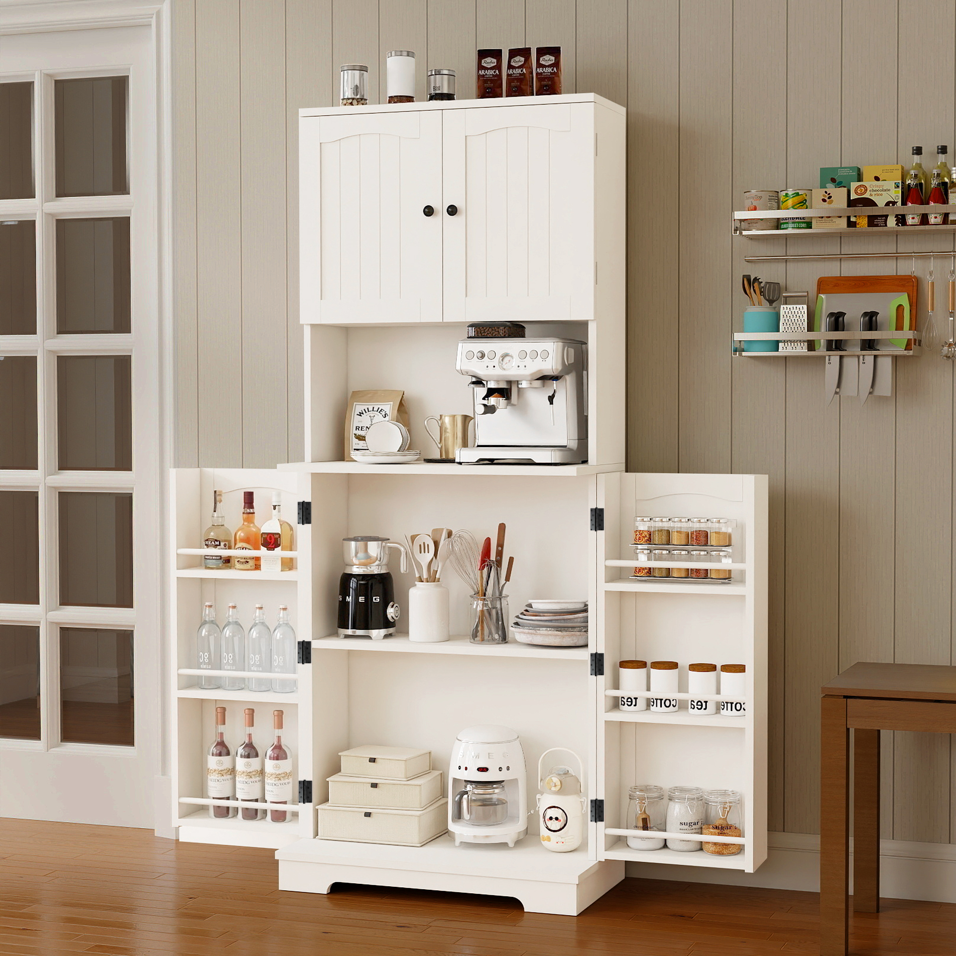 Tall Kitchen Cupboard with 4Door and Door Shelves Pantry Cupboard w/ Counter Top - Produktbild 1