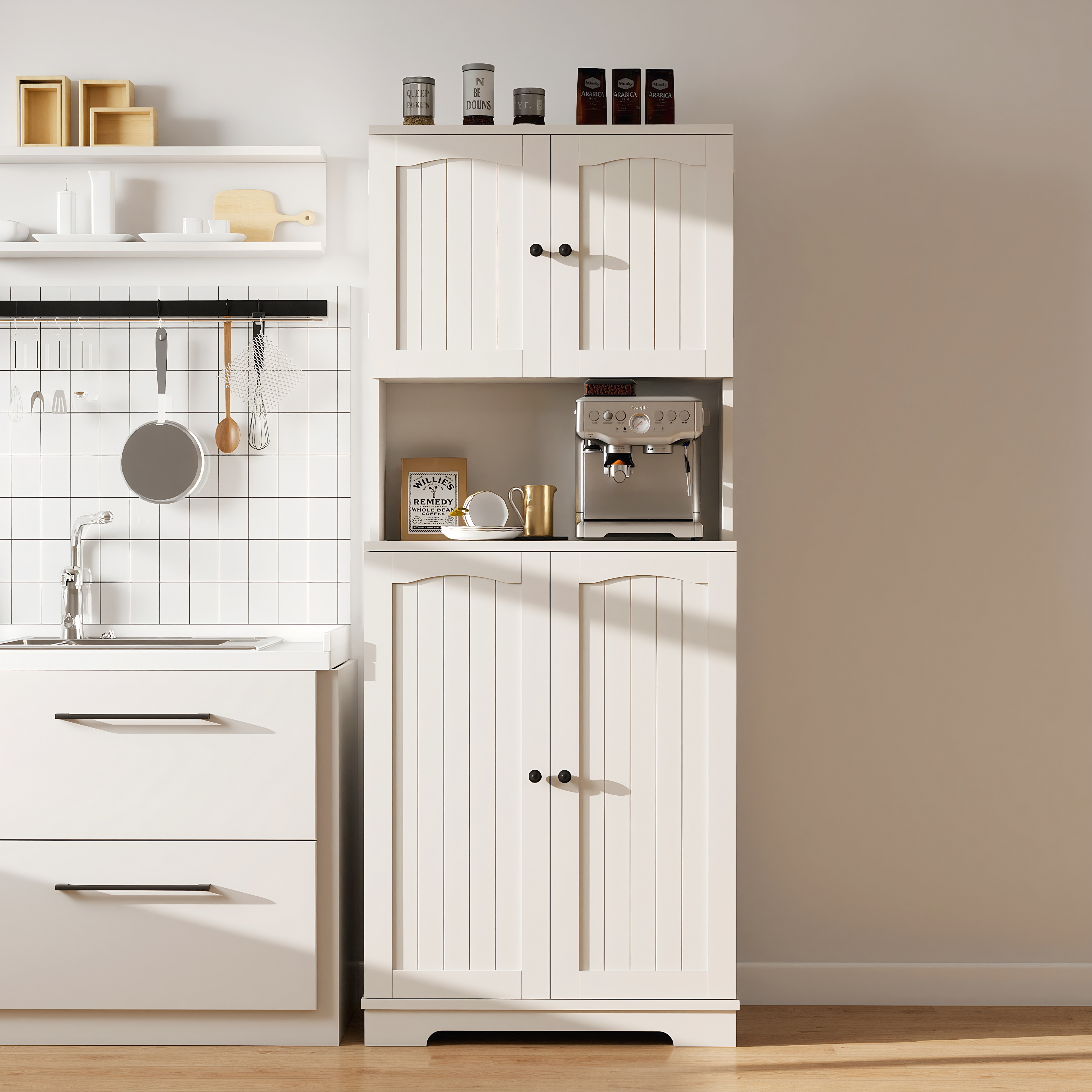 Tall Kitchen Cupboard with 4Door and Door Shelves Pantry Cupboard w/ Counter Top - Produktbild 10