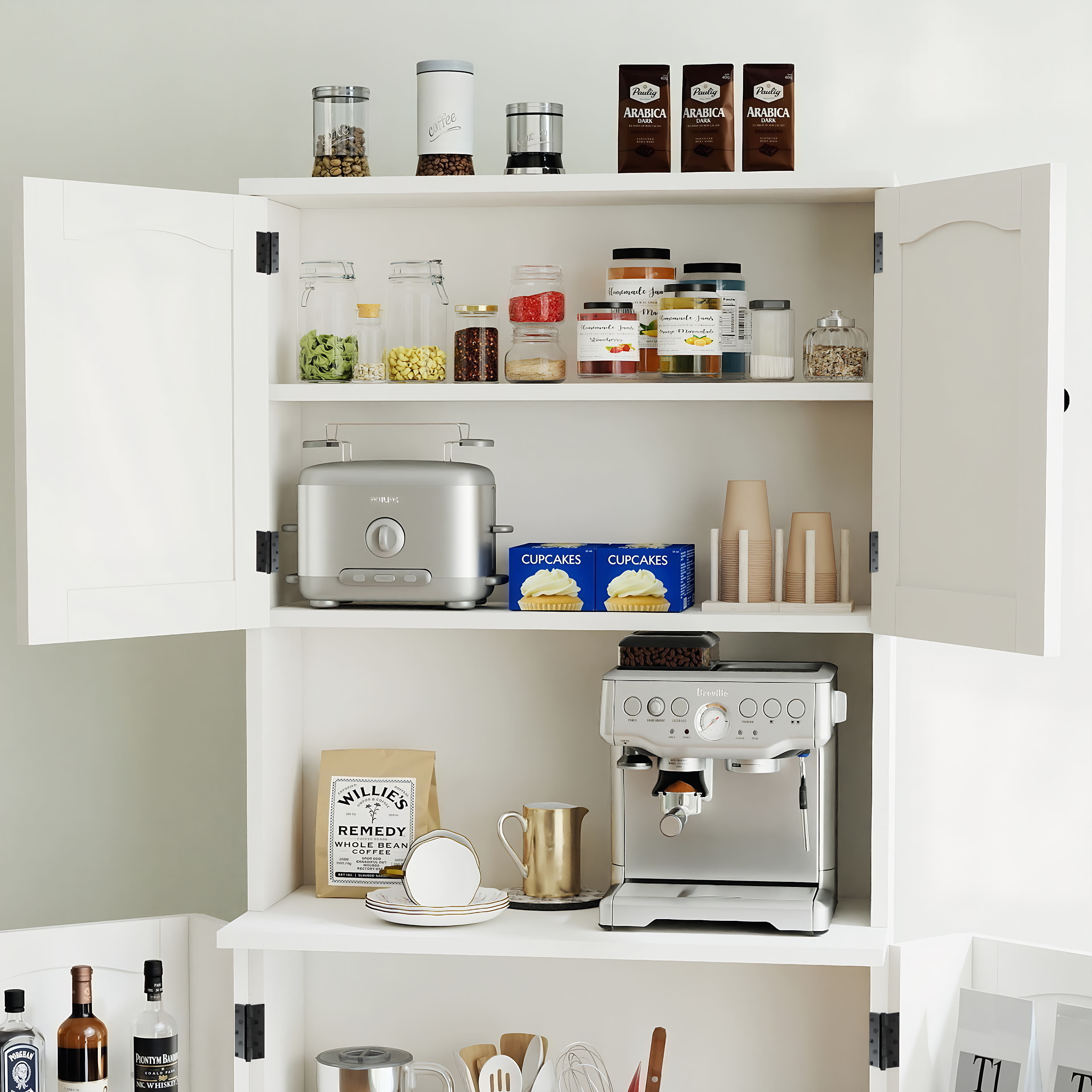 Tall Kitchen Cupboard with 4Door and Door Shelves Pantry Cupboard w/ Counter Top - Produktbild 7