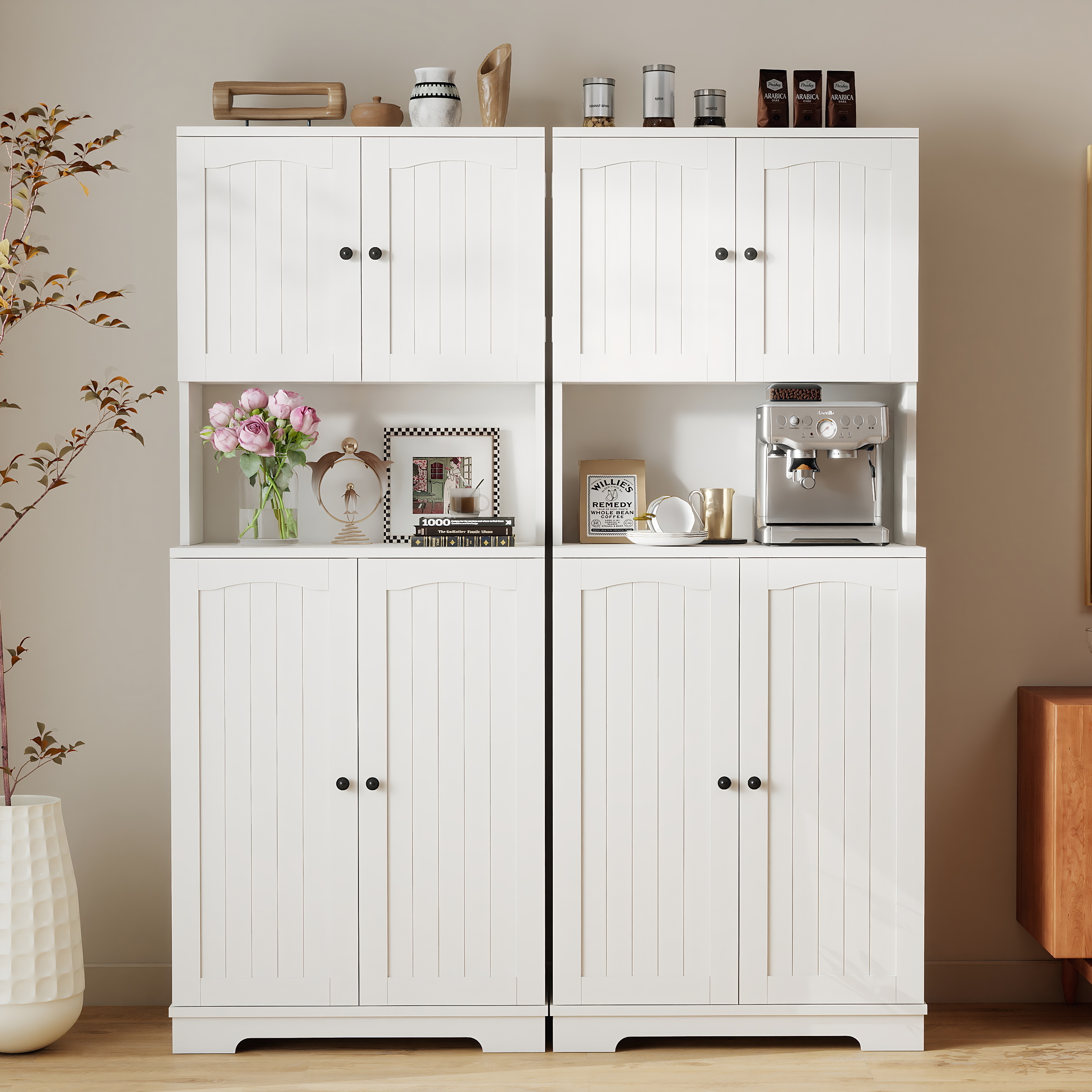 Tall Kitchen Cupboard with 4Door and Door Shelves Pantry Cupboard w/ Counter Top - Produktbild 9