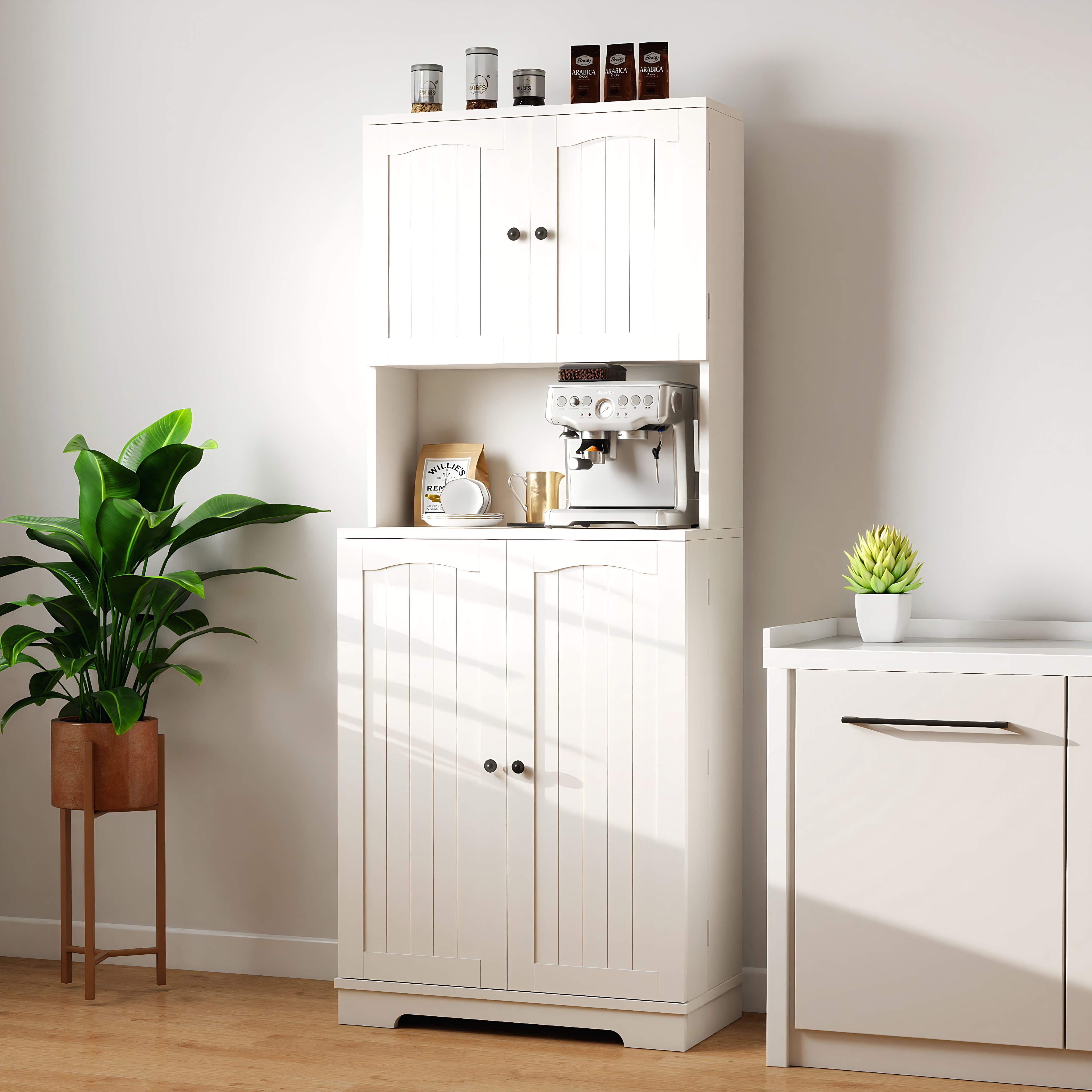 Tall Kitchen Cupboard with 4Door and Door Shelves Pantry Cupboard w/ Counter Top - Produktbild 2