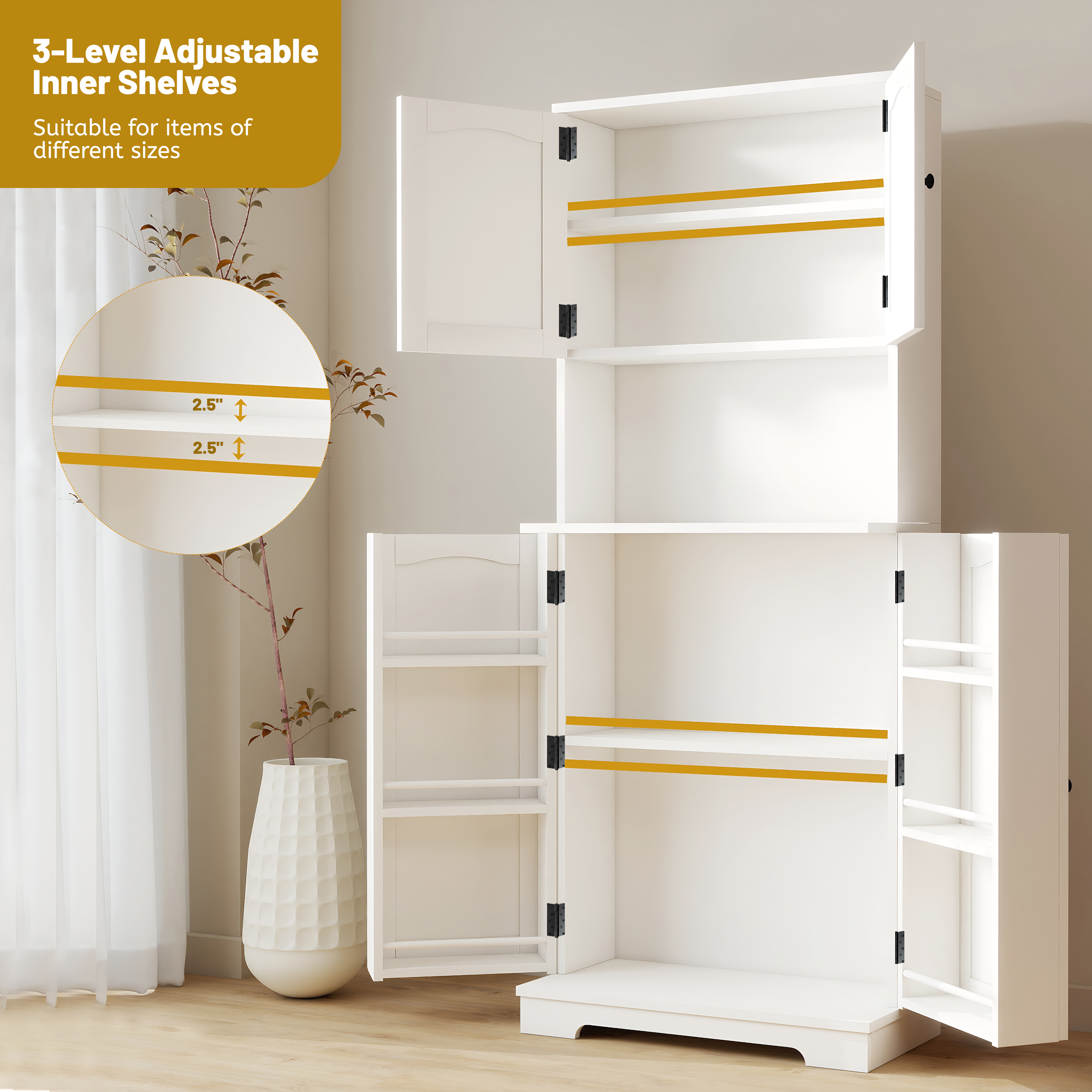 Tall Kitchen Cupboard with 4Door and Door Shelves Pantry Cupboard w/ Counter Top - Produktbild 8