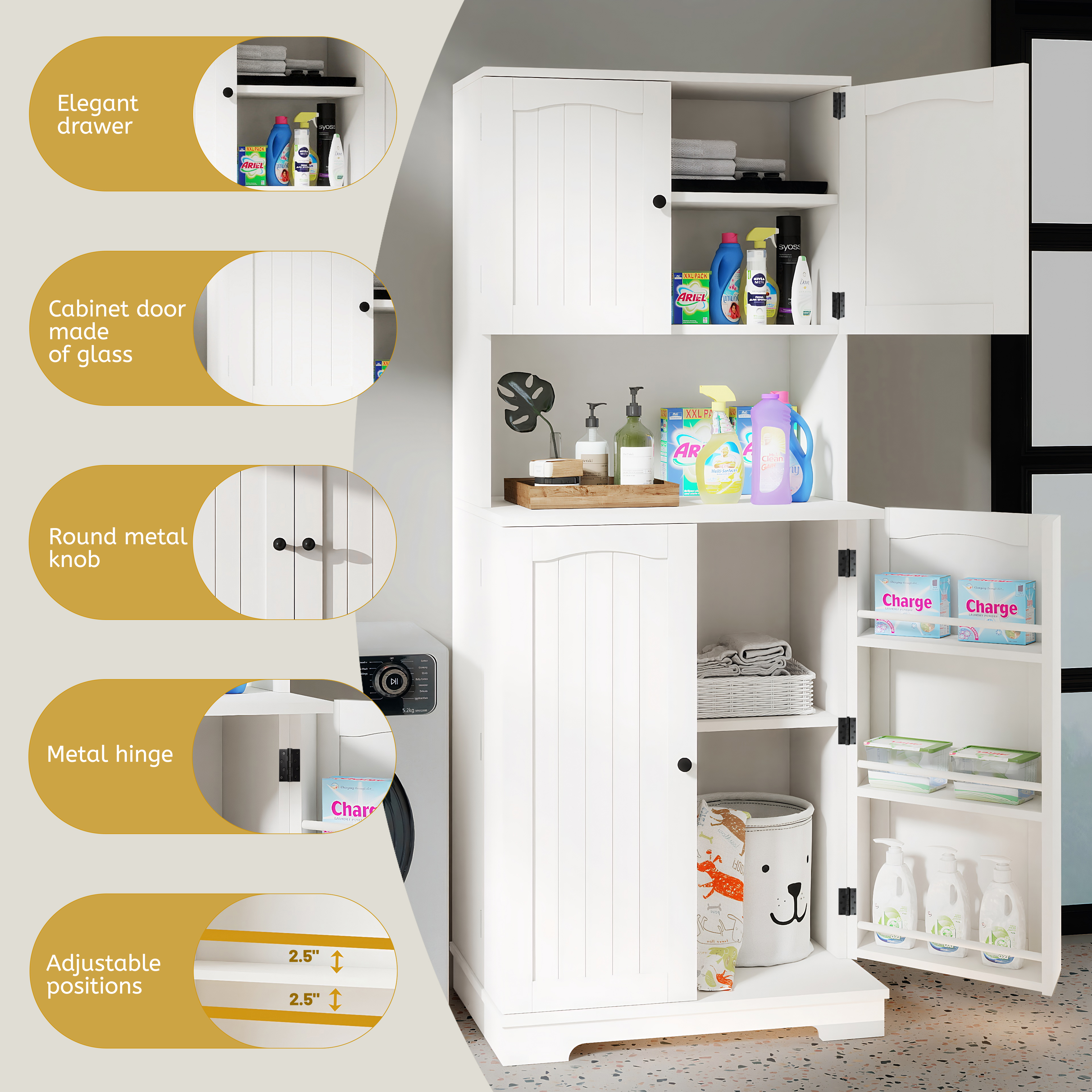 Tall Kitchen Cupboard with 4Door and Door Shelves Pantry Cupboard w/ Counter Top - Produktbild 5