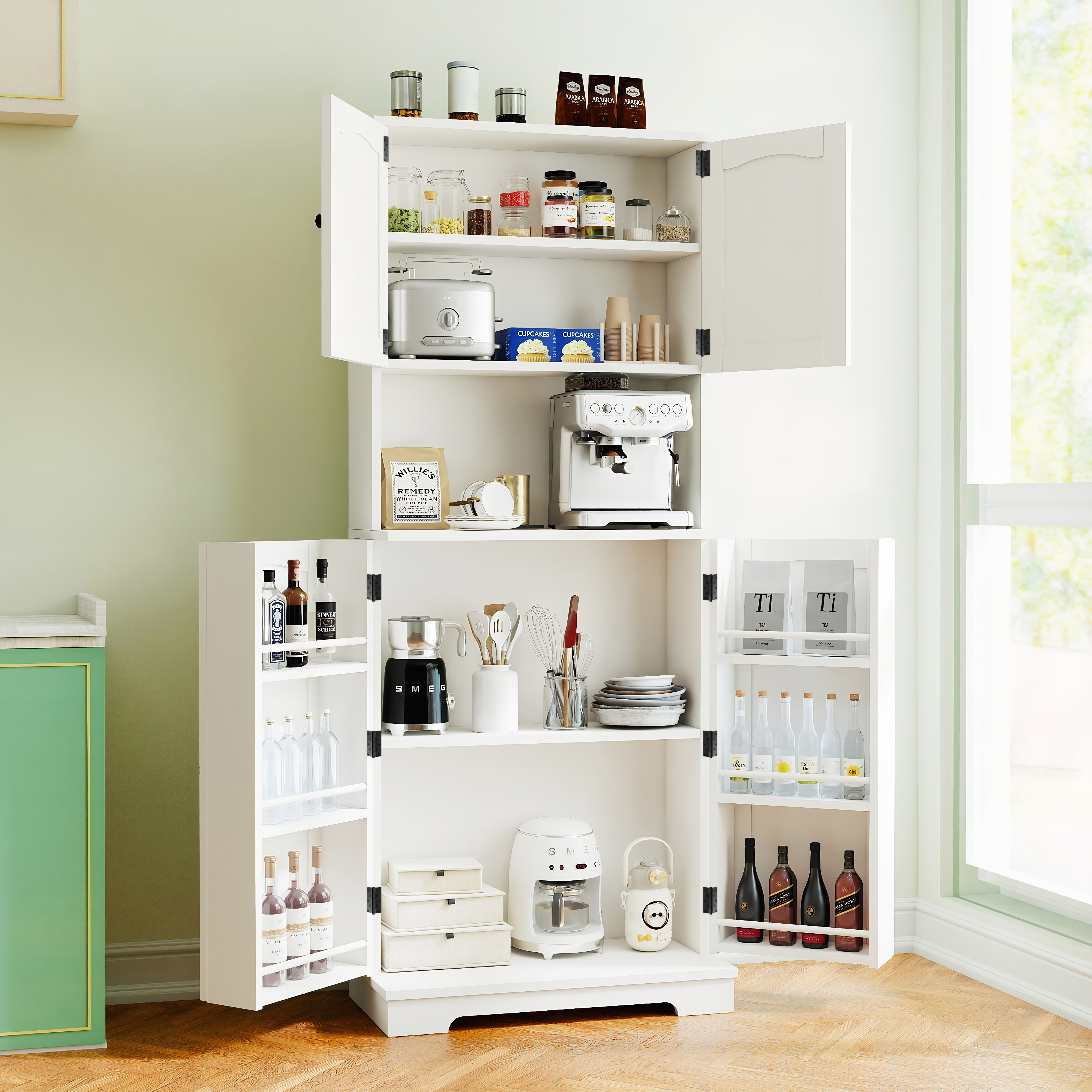 Tall Kitchen Cupboard with 4Door and Door Shelves Pantry Cupboard w/ Counter Top