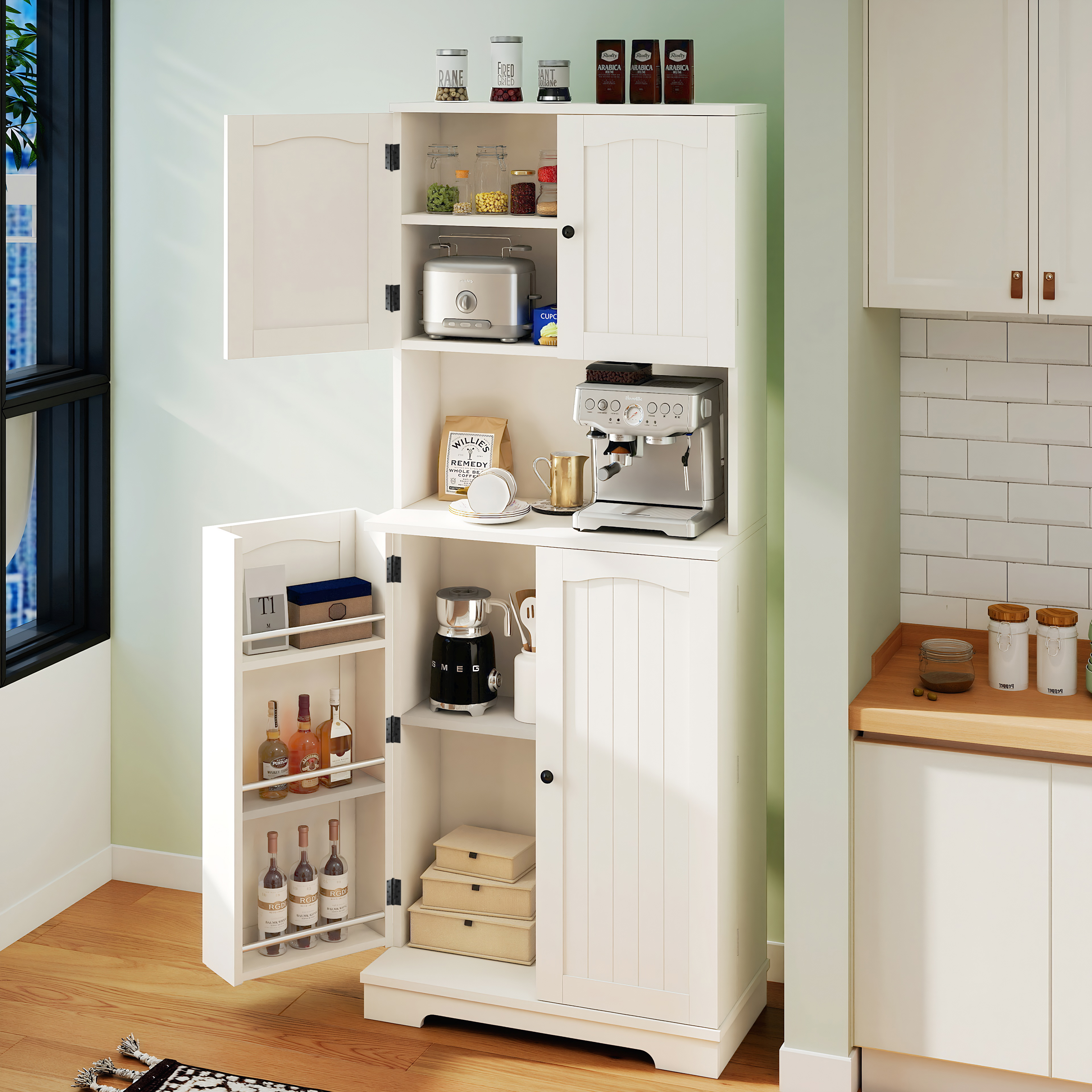 Tall Kitchen Cupboard with 4Door and Door Shelves Pantry Cupboard w/ Counter Top - Produktbild 6